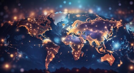 Digital world map illuminated with active trade routes and commerce spots