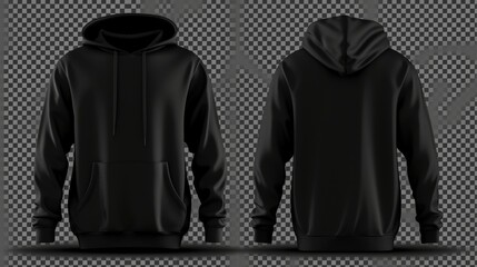 Set of black front and back view tee hoodie hoody sweatshirt on transparent background cutout, PNG file. Mockup template for artwork graphic design - obrazy, fototapety, plakaty