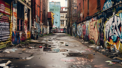 Poor neighborhood, walls covered in graffiti, dirty street - obrazy, fototapety, plakaty