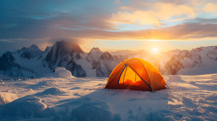 An orange tent pitched on a snow-covered mountain peak with the sun rising above the clouds and mountains in the background. - obrazy, fototapety, plakaty