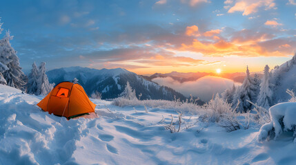 An orange tent pitched on a snow-covered mountain peak with the sun rising above the clouds and mountains in the background.