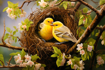 Two yellow chicks in a spring flowering nest