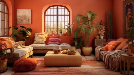 Eclectic Boho-chic Living Room with Soft Terracotta Walls and Global Flair Design an eclectic boho-chic living room with soft terracotta walls