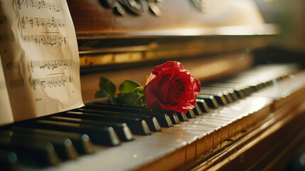 Closeup of piano with some music sheets and a red rose over it. Classical music concept.