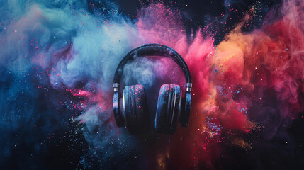 Black headphones surrounded by colorful powder clouds - obrazy, fototapety, plakaty
