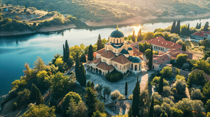 Aerial view of a generic old orthodox monastery - obrazy, fototapety, plakaty