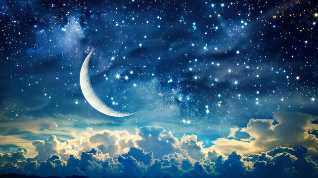 Night sky with clouds, moon and stars