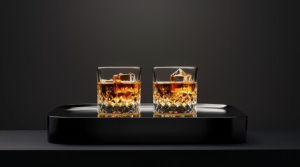 A glasses of whiskey on a podium on a black background. Yellow liquid in a glass glass.