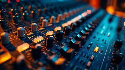audio sound mixer music recording, close up shot recording equipment in studio - obrazy, fototapety, plakaty