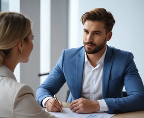 Handsome young male employer talking to female professional candidate on job interview