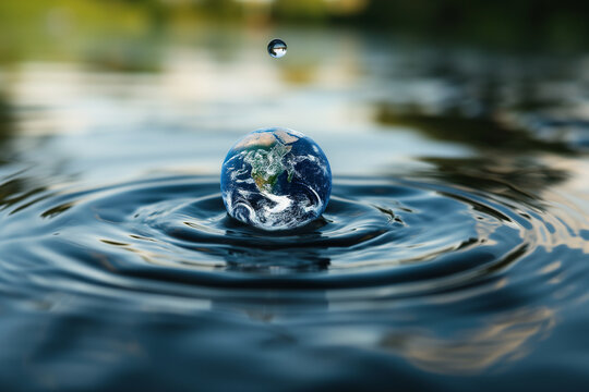 earth shape water drop on water surface, world water day concept