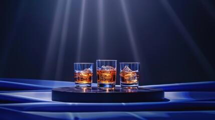 A glasses of whiskey on a podium on a blue background. Yellow liquid in a glass glass. - obrazy, fototapety, plakaty