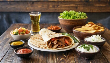 Doner kebab in flatbread with side dishes