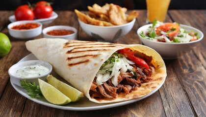 Doner kebab in flatbread with side dishes