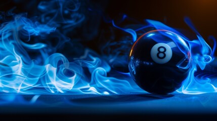 Magic eight ball in blue flames. A striking image featuring a black billiard ball with the number eight engulfed in mystical blue fire on a dark background.