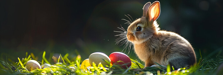 Easter Bunny Amongst Colorful Eggs in Springtime Setting
