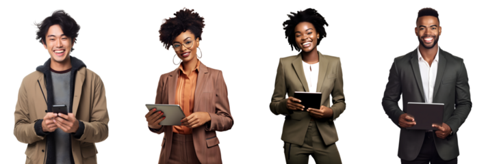 Set of Portrait businessman and businesswoman happy smiling, holding smart phone and tablet computer, isolated on white background, png