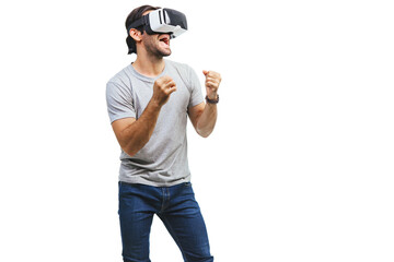 Young man using virtual reality headset isolated on white background