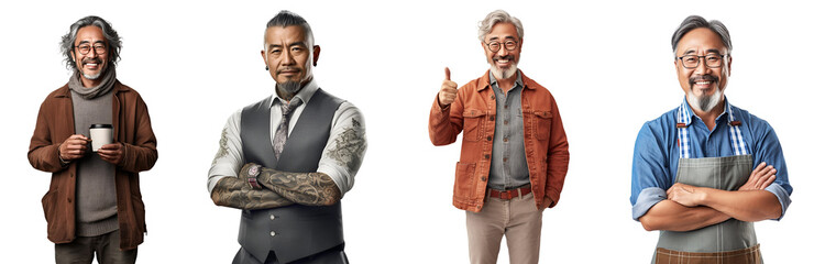 Set of Portrait Middle aged Asian businessman lifestyle happy smiling, holding a coffee cup, Standing with arms crossed, Thumbs up, isolated on white background, png