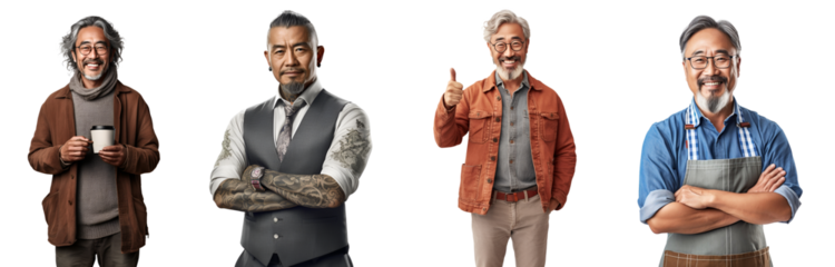 Set of Portrait Middle aged Asian businessman lifestyle happy smiling, holding a coffee cup, Standing with arms crossed, Thumbs up, isolated on white background, png