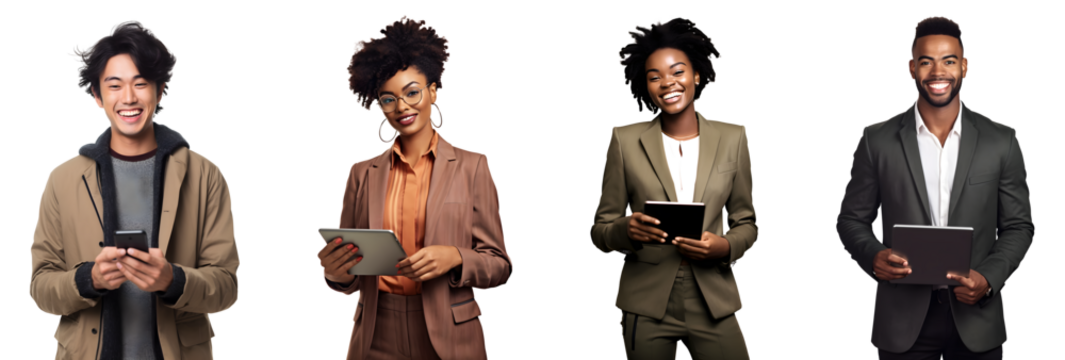 Set of Portrait businessman and businesswoman happy smiling, holding smart phone and tablet computer, isolated on white background, png