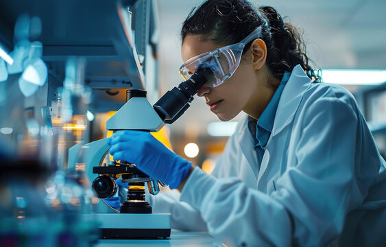 Laboratory researcher develop new medicine or cure using microscope.