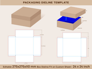 Two piece Square Shoe Box 275 x 275 x 110 mm, Lid H=85mm Die line Template