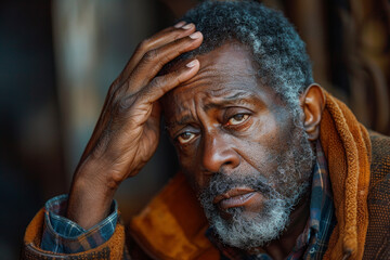 Close-up portrait of an elderly African American man with a worried expression, showcasing deep contemplation as he rests his head on his hand