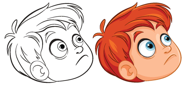 Two cartoon boys looking up with inquisitive expressions.