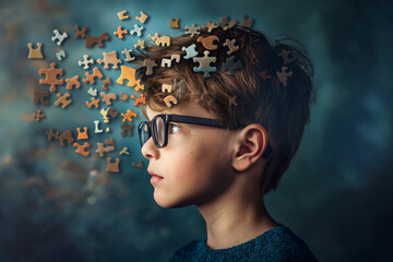Boy child with puzzle pieces: World Autism Awareness Day or Month concept, and Child Mental Health concept. - obrazy, fototapety, plakaty