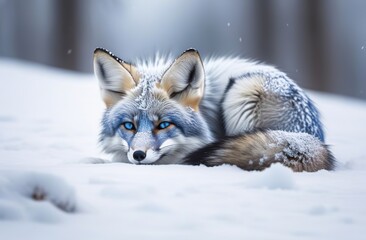 Fototapeta premium a painting of a blue fox laying in the snow with it's eyes closed and it's head resting on its paws