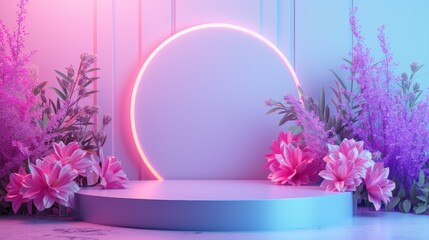 Floral tropical neon background, ideal for modern advertising, 3D, illustration, render