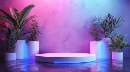 Neon light showcase background with 3d podium and tropical leaves. Summer nature concept. ideal for modern advertising, 3D, llustration, render