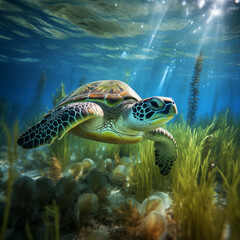 Fototapeta premium World Seagrass Day | Underwater Photography | Turtle Eating Sea Grass | Sea Turtles