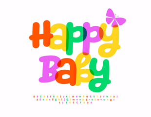 Vector colorful logo Happy Baby. Funny Bright Font for Kids. Creative handwritten Alphabet Letters and Numbers.