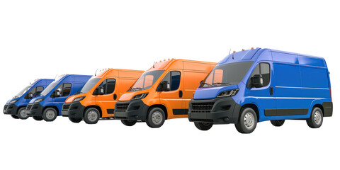 a row of blue and orange delivery van on transparency background PNG
