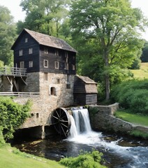 Fototapeta na wymiar a water mill with a water wheel in the foreground and a stream running through