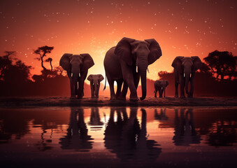A group of African elephants walks through the wet savannah after the rain, at sunset. World Elephant Day. Front view.