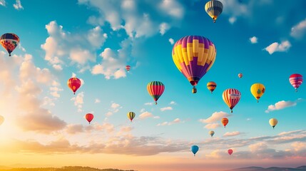 Obraz premium A row of colorful hot air balloons against a clear sky, symbolizing adventure and freedom.