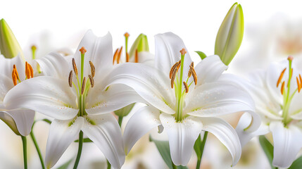 Fototapeta na wymiar A white Lily background with leaves and petals, a beautiful floral arrangement.