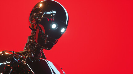 An android with glowing eyes and a polished silver surface, posed against a vibrant red background. - obrazy, fototapety, plakaty