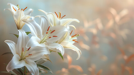 A white Lily background with leaves and petals, a beautiful floral arrangement.