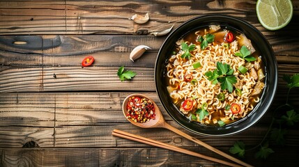 Delicious vegetarian ramen served on wooden table. Noodle soup - obrazy, fototapety, plakaty
