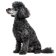 Black poodle sitting and looking up isolated on transparent background