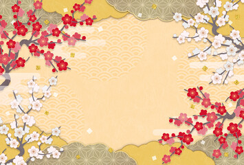 和紙質感の紅白の梅の花の背景、明るい色、背景黄色