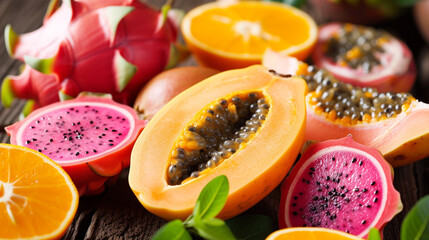 An assortment of exotic fruits, including dragon fruit, papaya, and passion fruit, creating a tropical medley that captures the allure of distant landscapes and flavors.