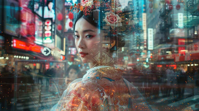 An enchanting image blending the elegance of a Tang Dynasty-clad Asian woman with the bustling streets of New York City in a double exposure photography technique, enhanced by studio 