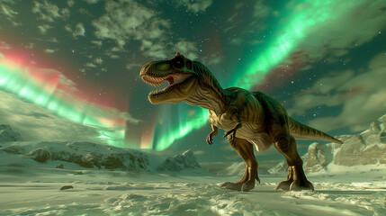 Tyrannosaurus Rex is roaring at the aurora borealis in a frozen landscape in ice age