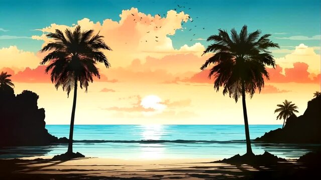 Beach silhouette at sunset. seamless looping time-lapse animation video background