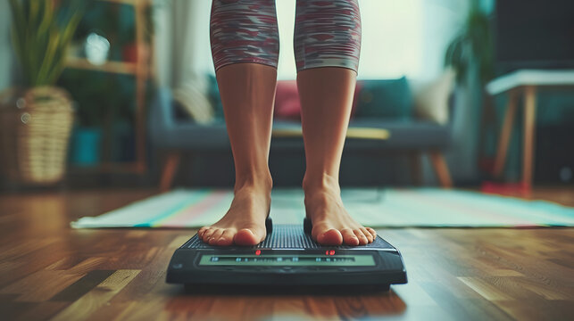 A woman stands on a digital scale in her living room.